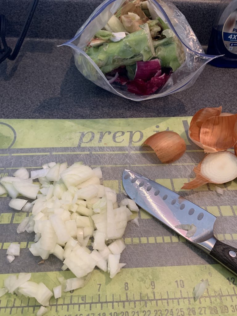 chopped onions for veggie soup