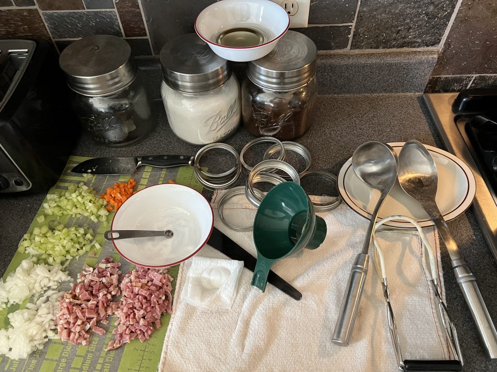 pressure canning ham and bean soup workstation setup